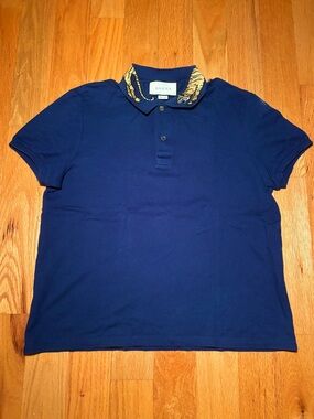 Gucci Navy Tiger Collar Embossed Polo Shirt 🔥